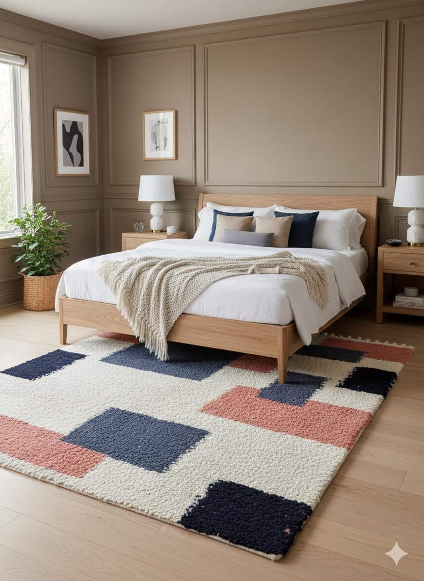 Moroccan Wool Area Rug 6' x 9' – Handmade Berber Shag, Modern Geometric Color Block Design, Ivory/Cream with Navy and Terracotta (No Fringe)