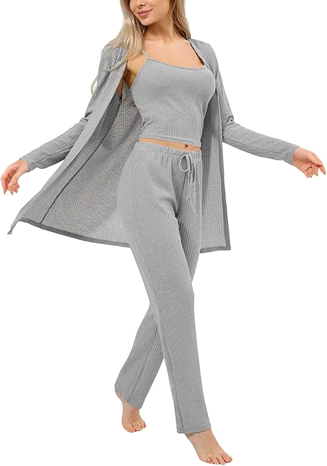 Oplxuo 3 Piece Pajama Set Women Waffle Knit Long Sleeve Cardigan Crop Top Wide Leg Pants Vacation Outfits Lounge Pjs Set