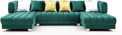 Miniatura 6 de Better Home Products Marigold Velvet U-Shaped Double Chaise Sectional Sofa - 140" Large Couch with 6 Pillows &amp; Gold Legs for Your Living Room, Fully