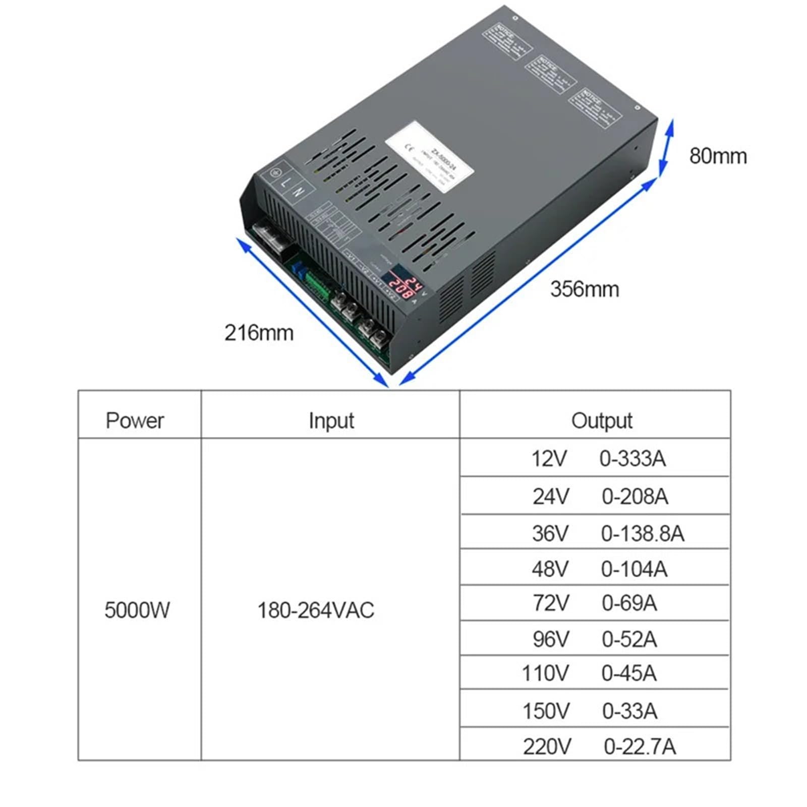Fuente de alimentación conmutada 5000W con pantalla Digital, voltaje constante y corriente CA 220VAC a CC 24v 36v 48v 72V 1 Uds(220 V_220V 22.7A_5000W)