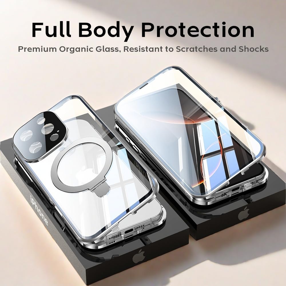 Funda MagSafe para iPhone 15, protector de pantalla integrado y protector de lente, soporte de anillo magnético, marco de metal a prueba de golpes de grado mil. Anti-amarillo, soporte,