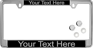 Personalized with Custom Text Design - Thin Top | 2-Hole Narrow Top Chrome Metal Laser Engraved Standard Size - Car/Automobile License Plate Frame with Free caps - Black/Gray Text (Qty: 1 Frame)