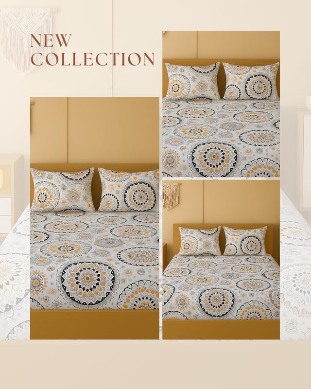 Image of NEW LEAF 320 TC Cotton All Around Elastic Fitted Printed Bedsheets King Size, Premium Fitted Bedsheets King Size for Double Bed with 2 Pillow Covers, Size- 78 inch x 72 inch White Black