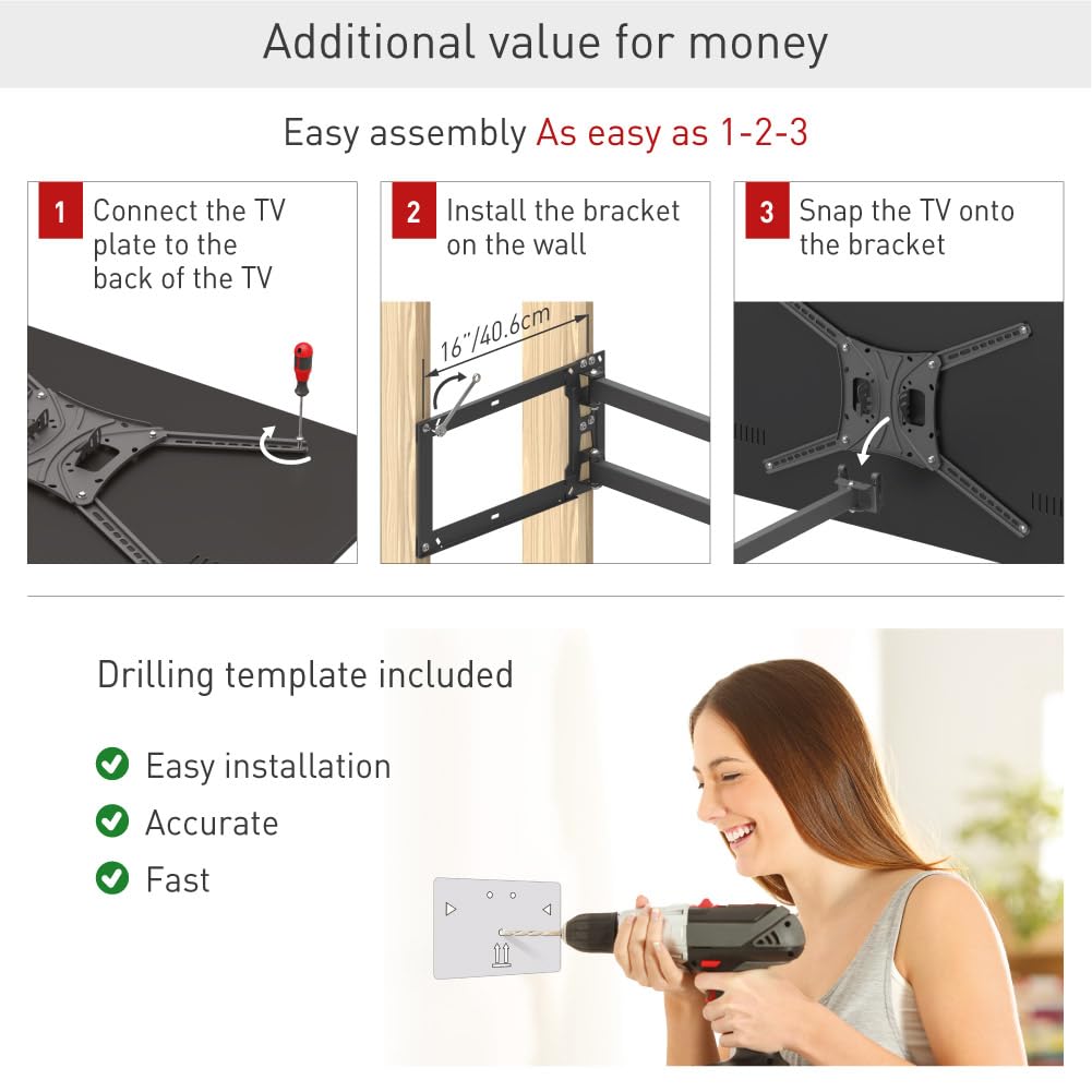 Barkan Soporte TV de Pared 64cm de Largo Inclinable y Giratorio, Articulado para Pantallas de 13-86 Pulgadas, Peso máximo 50Kg, Bloqueo, Extra Estable, para LED OLED LCD, hasta VESA 600x400