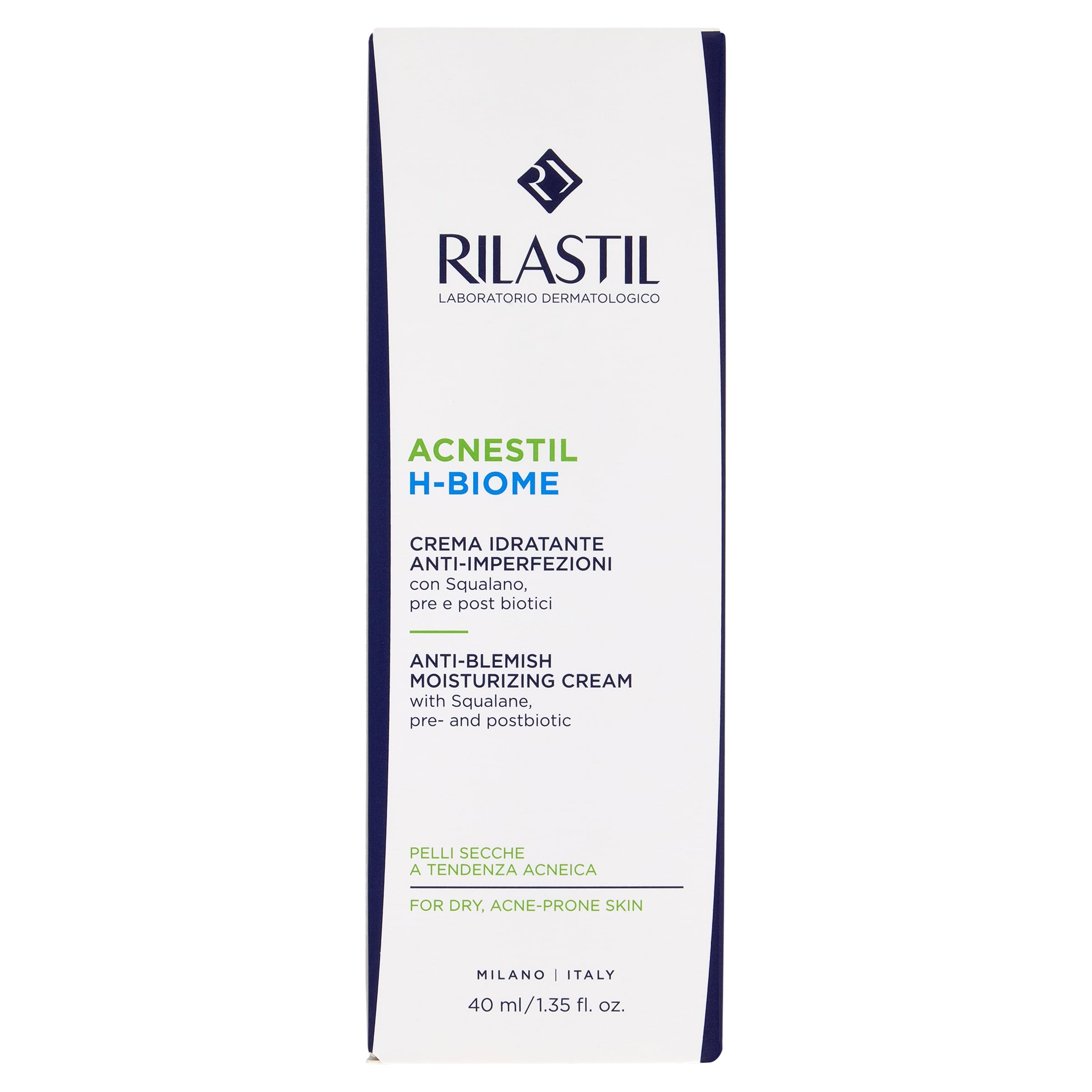 Rilastil Acnestil H-Biome Crema Viso, Crema Idratante Anti Imperfezioni, Idratazione fino a 8h, per Pelle Sensibile, 40ml