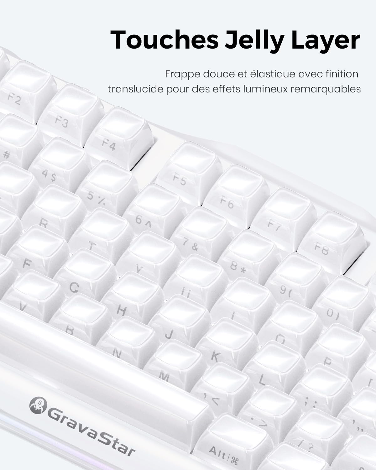 GravaStar Mercury K1 Clavier Gamer sans Fil en Aluminium, 75% Clavier Mecanique de Jeu Hot Swap, Tri Mode 2.4Ghz/Bluetooth/Filaire,Switchs Pré-lubrifiés, Gravur Latéral, RGB+Macro,Windows/Mac-Blanc