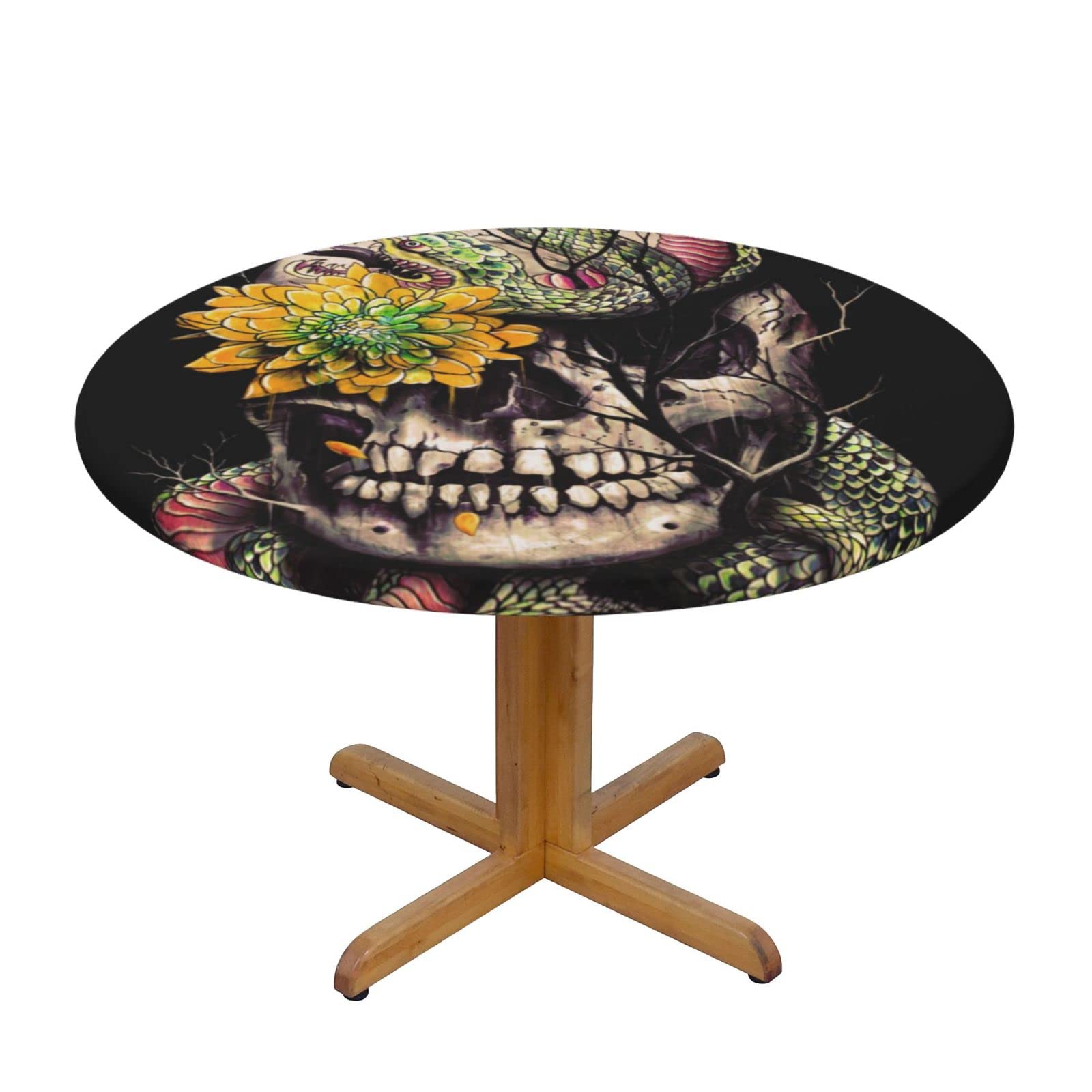 Lsjuee Round Fitted Tablecloth 45-50in Elastic Edged Table Cloth for Kitchen Dining Party Home Decor - Death Skull Snake Flower Black