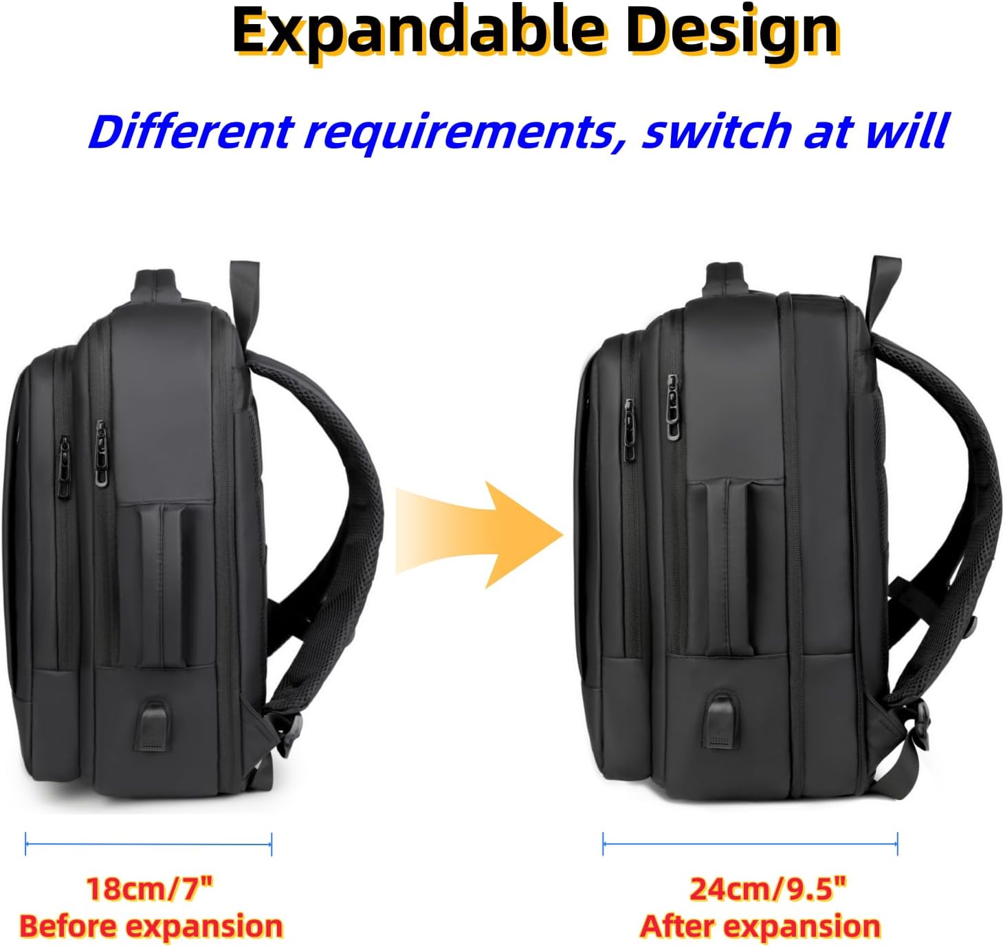 Business & Travel Laptop Backpack, Expandable Laptop Backpack,Carry on backpack,With USB Charging Port, Water Resistant, Men (01#Grey)