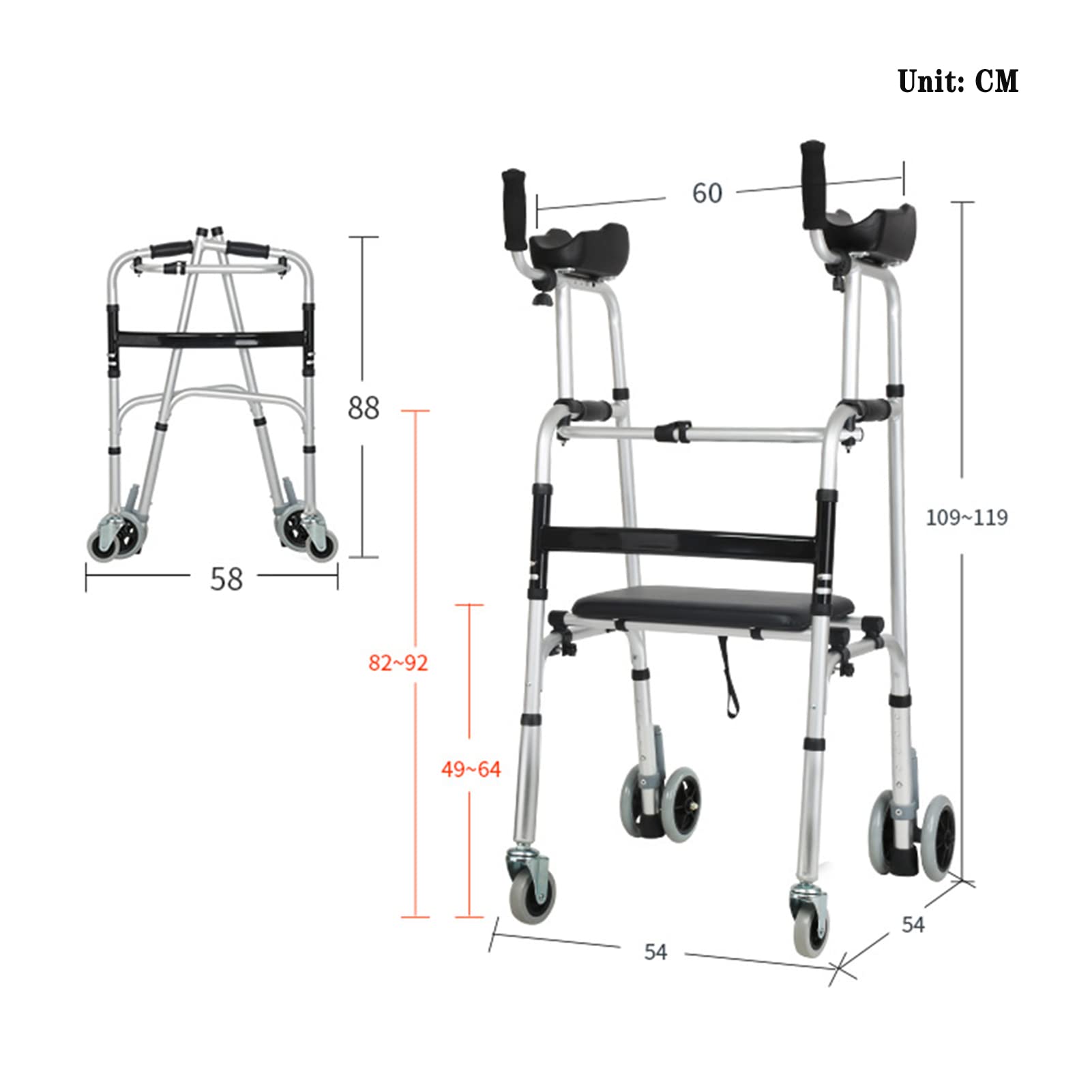 HMTE Andador con Andador Vertical de 4 Ruedas para Ancianos Aleación de Aluminio Ligero y Plegable para Ancianos y discapacitados