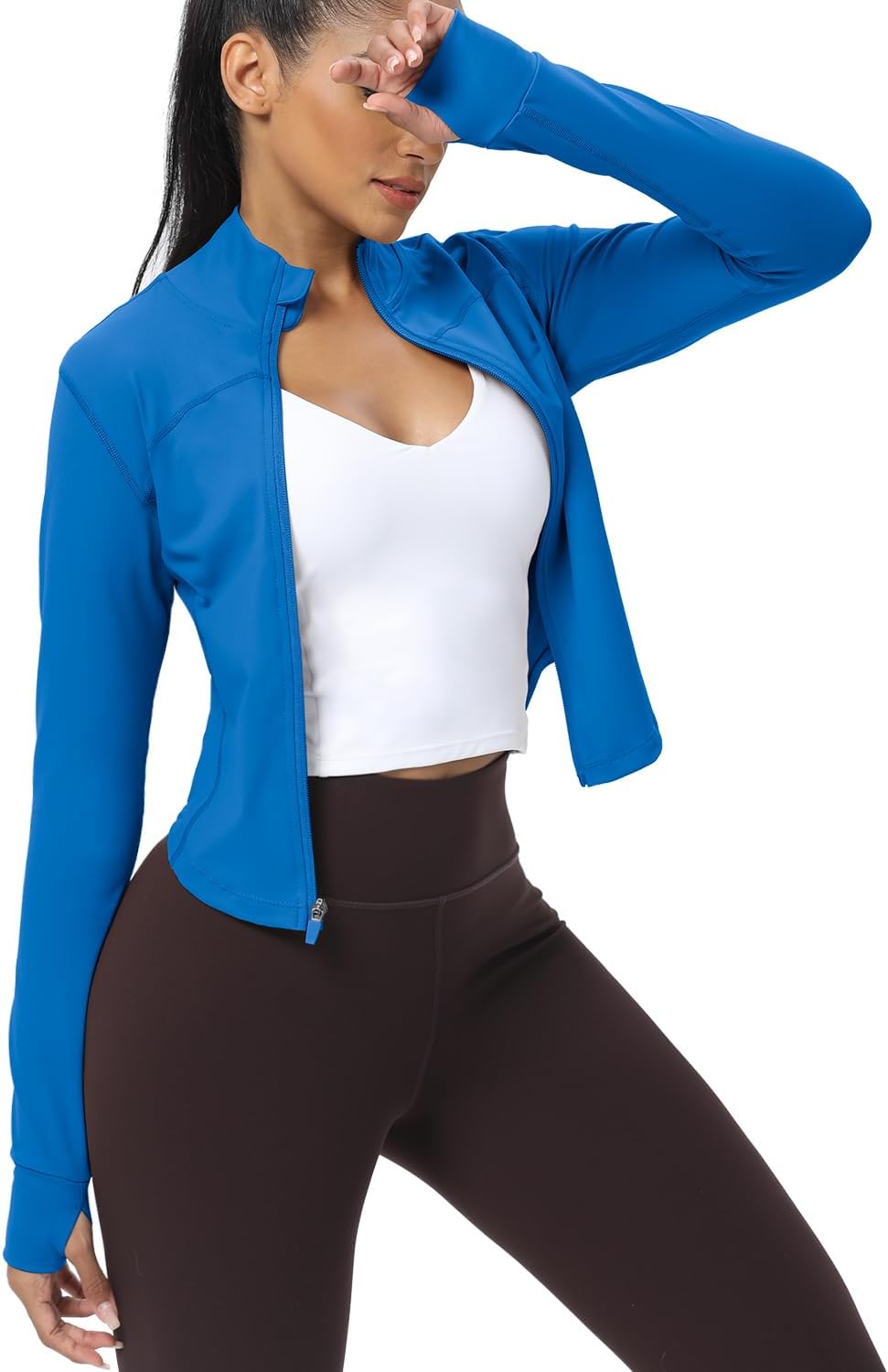 AVGO Women's Cropped Running Workout Jackets Zip Slim Fit Athletic Tops with Thumb Holes - Image 2