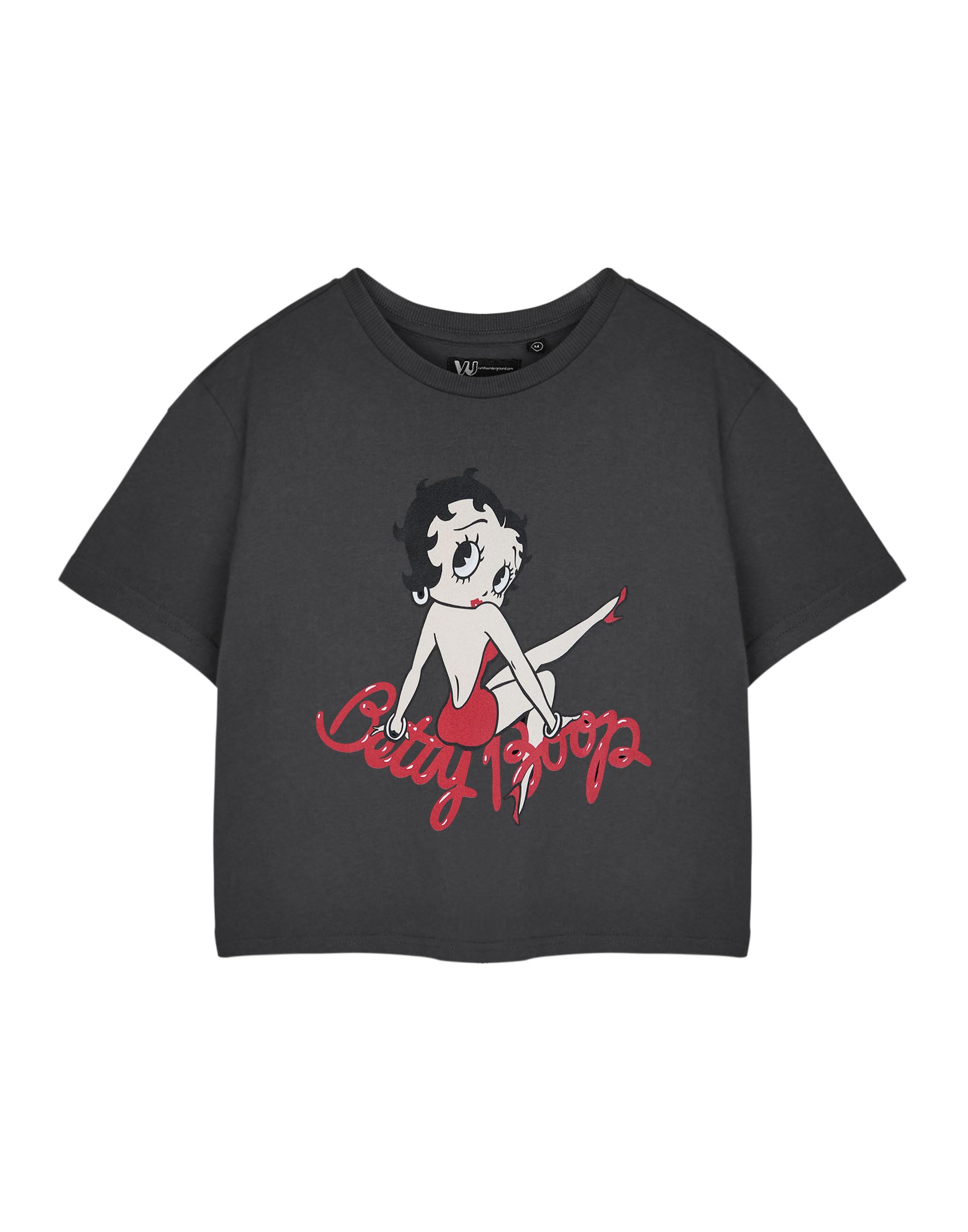 Vanilla Underground Betty Boop Womens Grey Cropped Short Sleeve Graphic Tee | VIA Cartoon Character Crew Neck T-Shirt | Casual Black Apparel for Everyday Wear