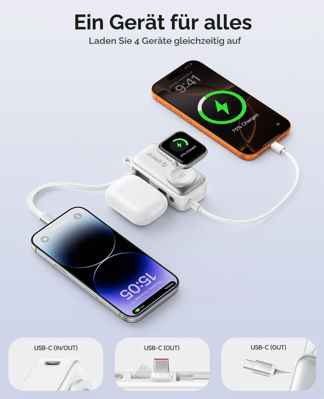 ORICO Mini Powerbank 5000mAh Weiß, Kompatibel mit Apple Watch und iPhone | PD 22,5W Schnellladung, Aufstellständer, nur Apple Watch Ladefunktion, klappbarer USB-Stecker, integriertes USB-C Kabel