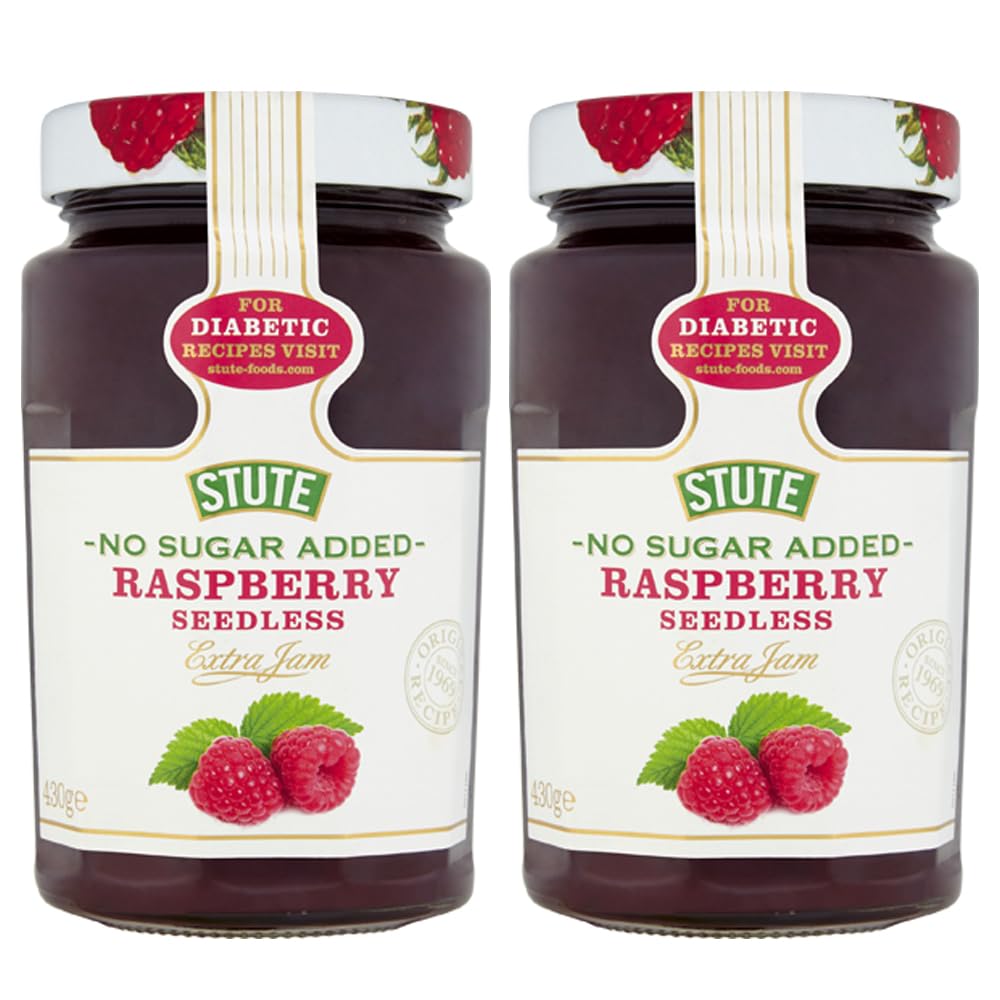 Stute No Added Sugar Raspberry Seedless Jam 430g x 2, Natural Berry Fruit Sweet Spread Low Calorie Preserve Cream Tea Marmolade with Welari Thank You Card | (2pack) (860g)