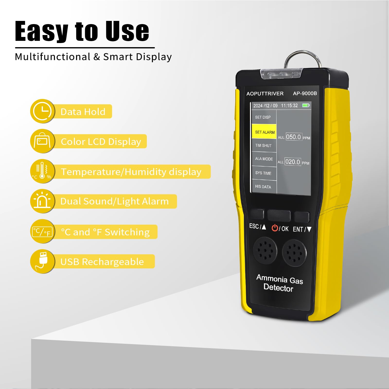 Ammoniak Gas Detektor 9000B, 0~100PPM Akustischer Optischer Alarm NH3 Luftqualitätsmessgerät für Industrie, Haushalt, Fabrik, Luftreiniger Qualität, Dekoration, Geflügelfarmen