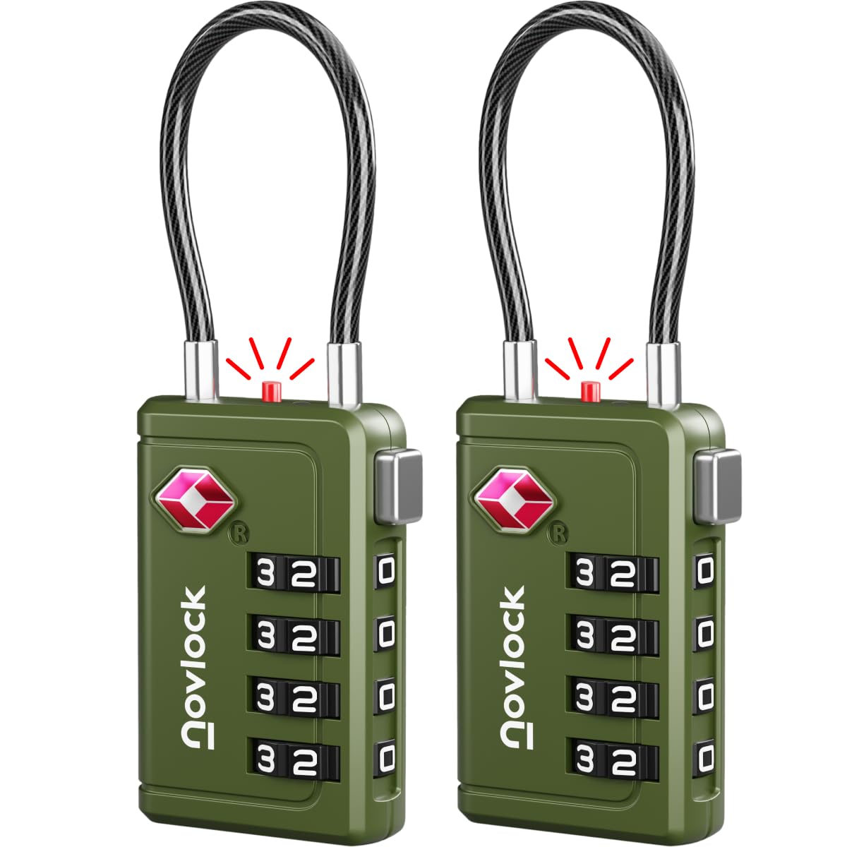 TSA Luggage Locks with Alert Indicator – 4-Digit Travel Padlocks with Flexible Cables for Suitcases, Backpacks & More – Suitcase Locks, 2-Pack, Green