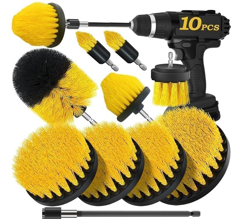 Image of 10 PCS Power Drill Scrubber Brush Attachment Set - Medium Bristle Yellow Cleaning Brushes with Extension Rod for Bathroom, Tile, Floor, Kitchen, Car & Bathtub Deep Cleaning