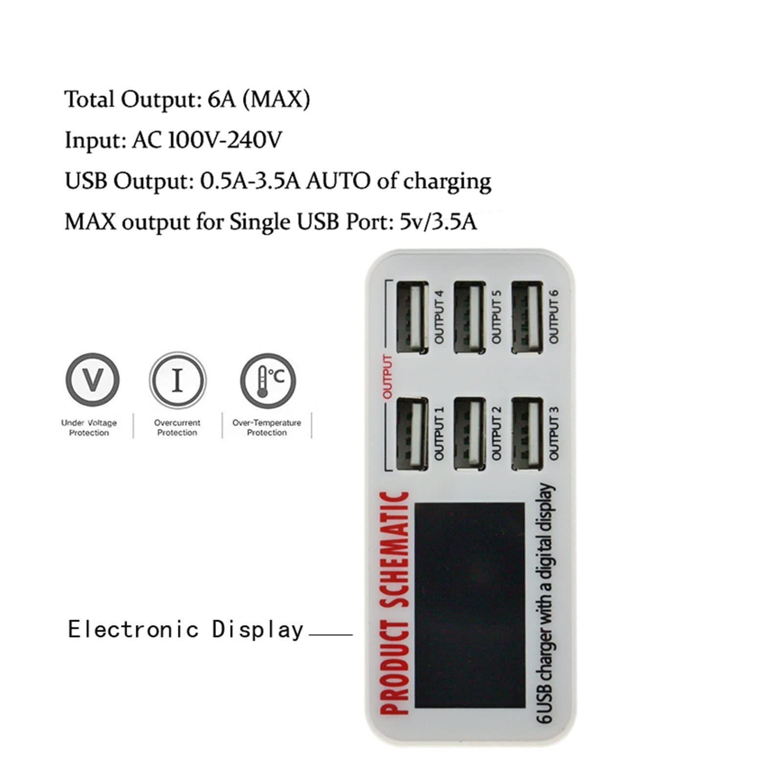 Stacja ładowania, Ładowarka USB, 6A z cyfrowym wyświetlaczem LCD 6-portowa szybka inteligentna stacja ładująca do tabletów telefonicznych smartfonów, użytku w biurze domowym(899)