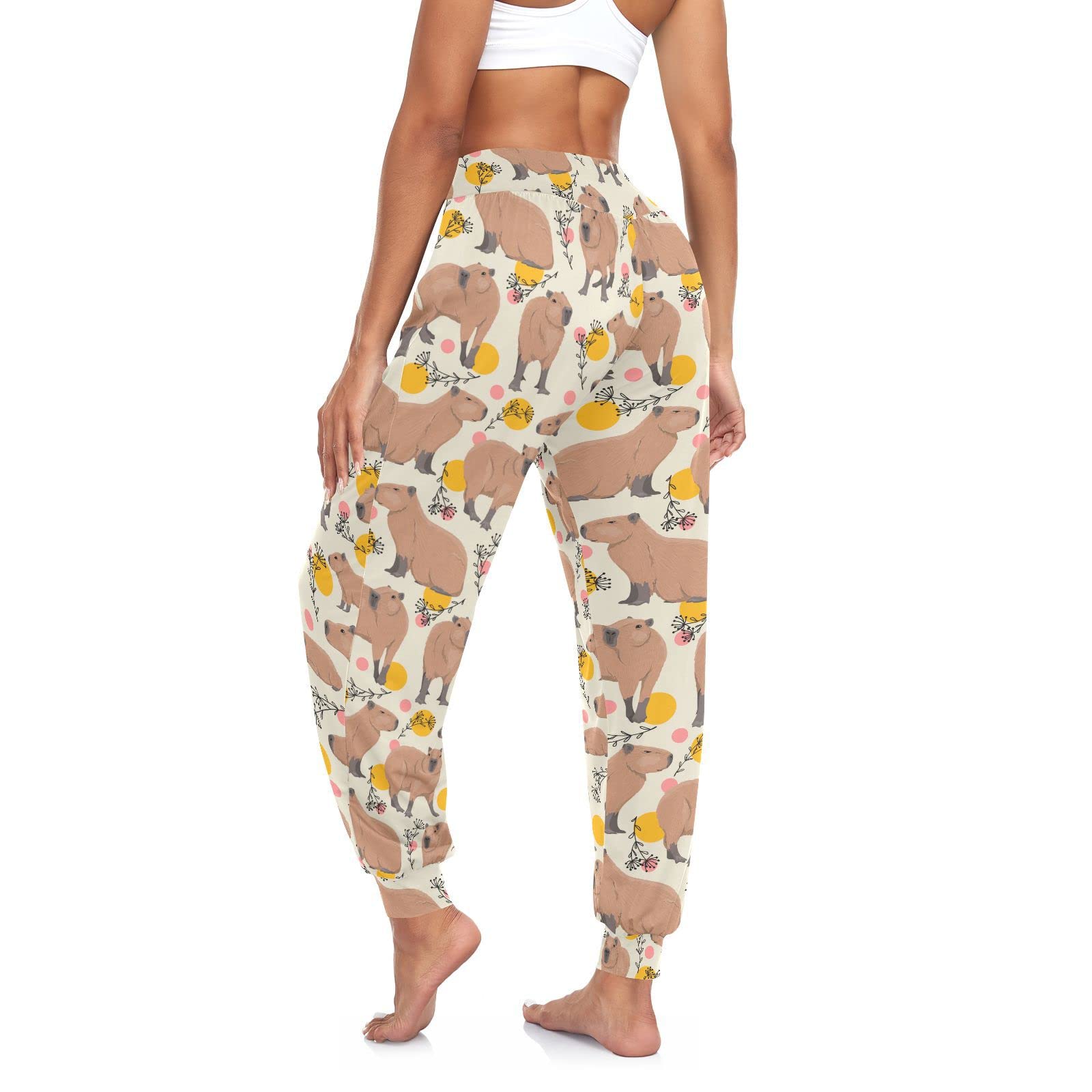 Aflyko Women Boho Trousers Capybara Golden Dot Sweatpants Yoga Dance Harem Pants