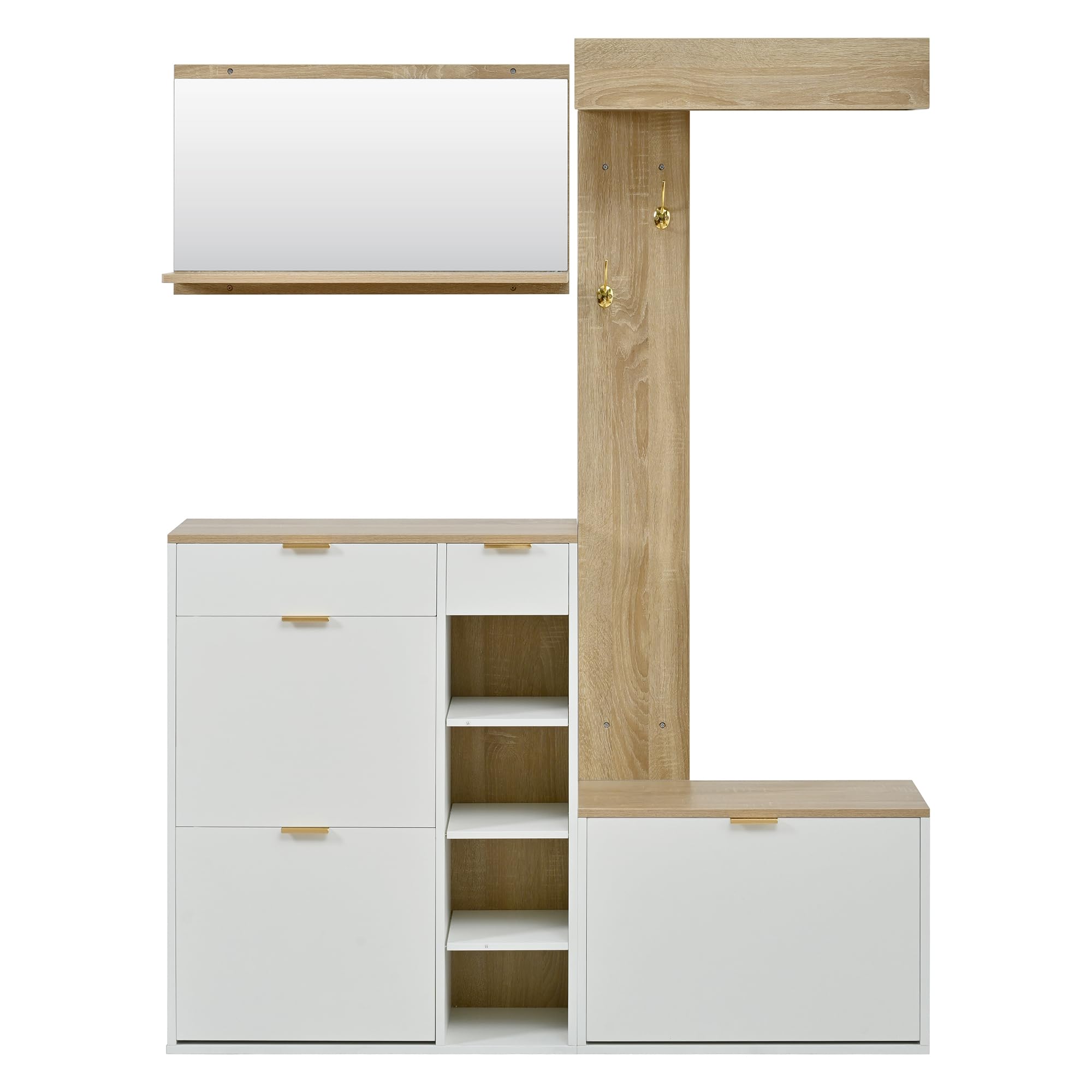 Merax Garderobenset 4-teilig, Garderoben-Komplettprogramm mit Schuhschrank, Sitzbank, Wandspiegel & Wandpaneel mit Ablage, Moderne Flurmöbel für Flur & Diele, 130x30x174 cm, Natur & Weiß
