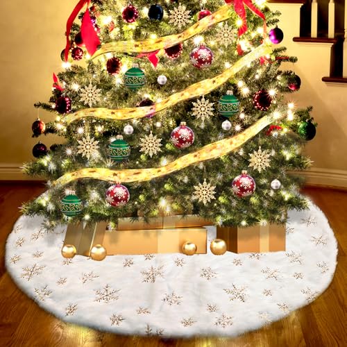 Falda de Árbol de Navidad 122cm, Tapete y Cubre Pie de Felpa Con Copo de Nieve para Decoración Navideña