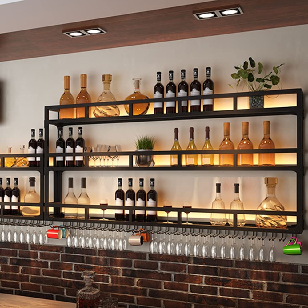 Portabottiglie da Parete Moderno a LED con Design Industriale in Metallo e portabottiglie Rustico, portabottiglie in Vetro a 3 Livelli e Ripiani da Bar per l'arredamento della casa e la Sala