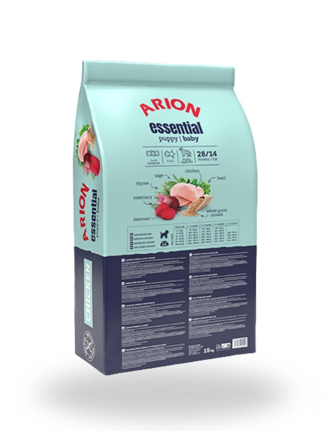 Arion Essential Puppy Baby, Alimento Completo para Cachorros, Pollo, 28% Proteína, 14% Grasa, 15 kg