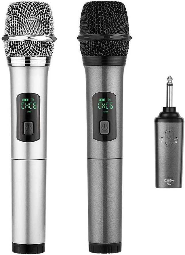 ARCHEER Dual Bluetooth Wireless Microphone, UHF Handheld Dynamic Microphone and Bluetooth Receiver with 1/4" (6.35mm) Output, Selectable UHF Channels Karaoke Microphone for Singing and Other Purpose.