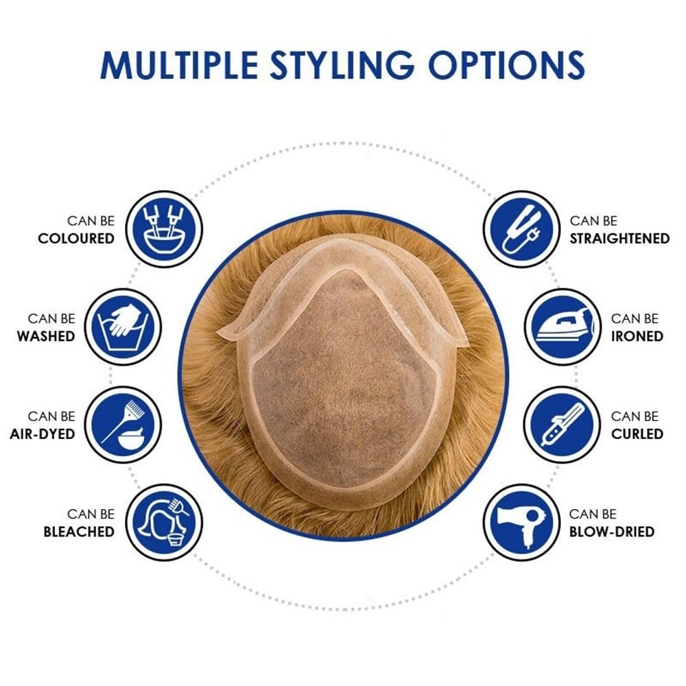 Men's Toupee Parrucca da uomo con base in PU e parte superiore monocromatica in capelli umani biondo miele n. 21 in pizzo frontale