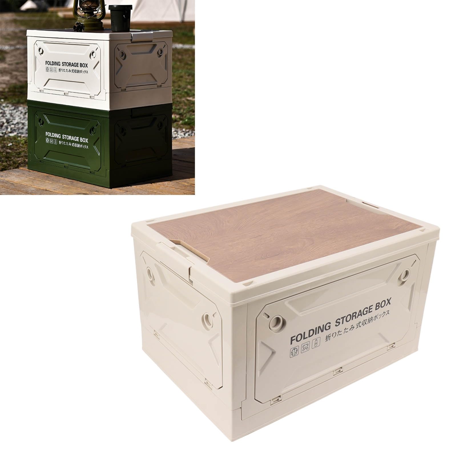 Contenedor de Almacenamiento Plegable de 50 Litros con Tapa, Caja de Almacenamiento Plegable Apilable Conta y Ruedas de Madera, Contenedores de (Gris blanco)