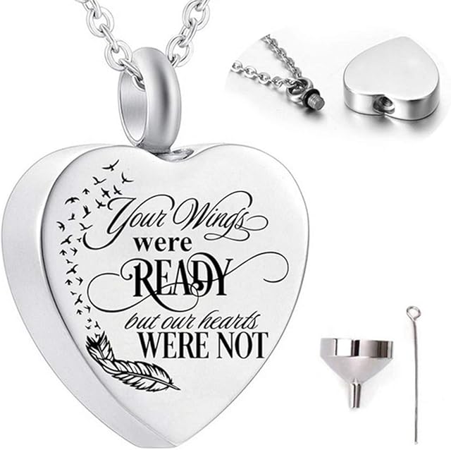 SOSPIRO Heart Cremation Jewellery Urn Necklace for Ashes Engraved Memorial Keepsake Pendant Necklace, Stainless Steel Cremation Pendant, Your Wings were Ready, But Our Hearts were Not