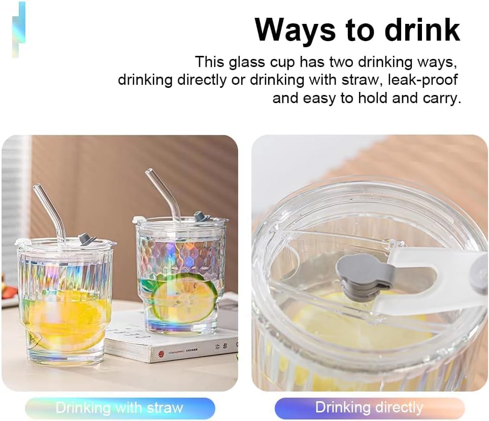 Image of WEZOSHINET Glass Tumblers with Straws and Lids Coffee Sipper Mug with Wide Mouth, Rainbow Glass Drinking Mason for Iced Tea, Juice, Cocktail, Cold & Hot Beverages Cups (Rainbow Stripe Mug /Pack of 1)