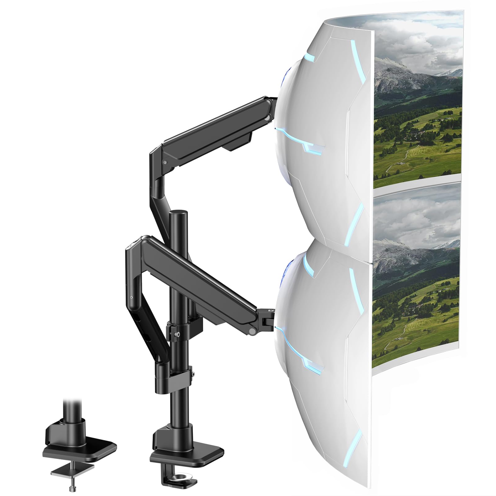 Monitor Halterung 2 Monitore für 17-40 Zoll, Vertikal Stapelbarer Bildschirmhalterung mit Gasfederarm, Höhenverstellbar Neigbar Schwenkbar, VESA 75/100 mm, Bis 12 kg pro Arm, Kabelmanagement, Schwarz