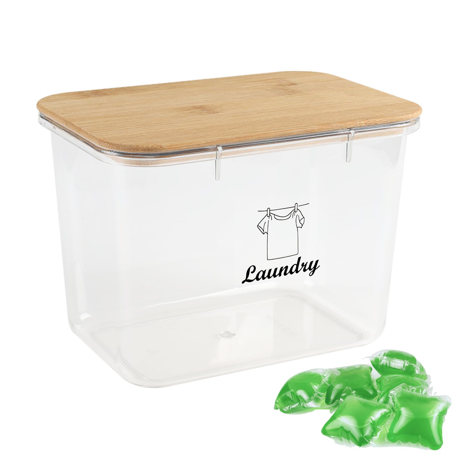 Xbopetda Laundry Pods Storage Container, Laundry Storage Containers with Wooden Lid, Washing Powder Storage for Laundry Room Organisation and Storage, Clear Storage Bins for Laundry Beads Pods Powder