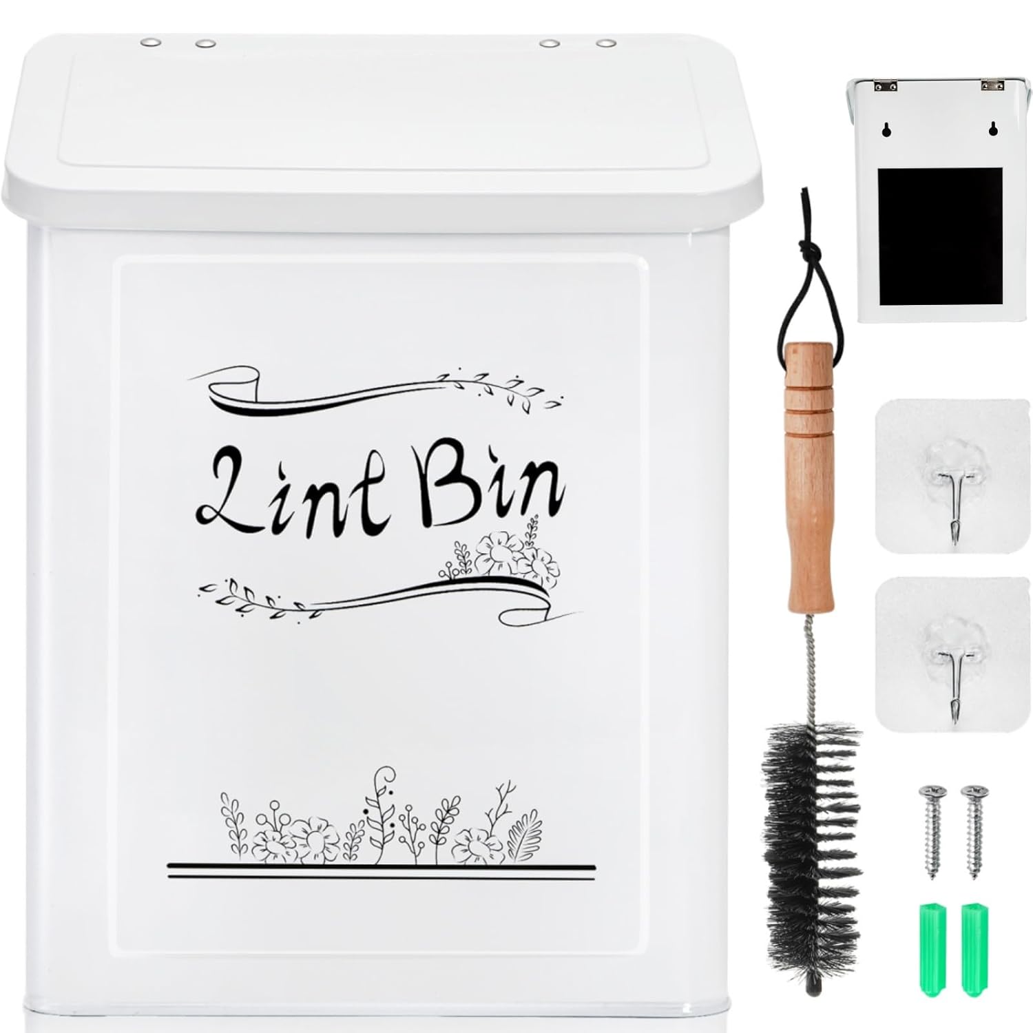 Magnetic lint bin stays organized with farmhouse laundry decor