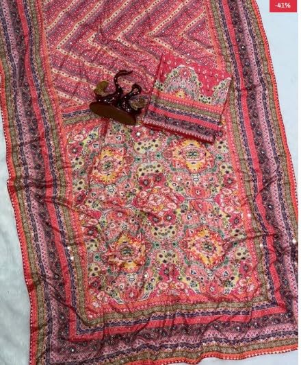 Image of Women's Chinon Silk Saree with Printed Design, Mirror Work & Zari Woven Detailing | Ethnic Wear Saree with Unstitched Blouse Piece | Traditional Festive & WeddingWear