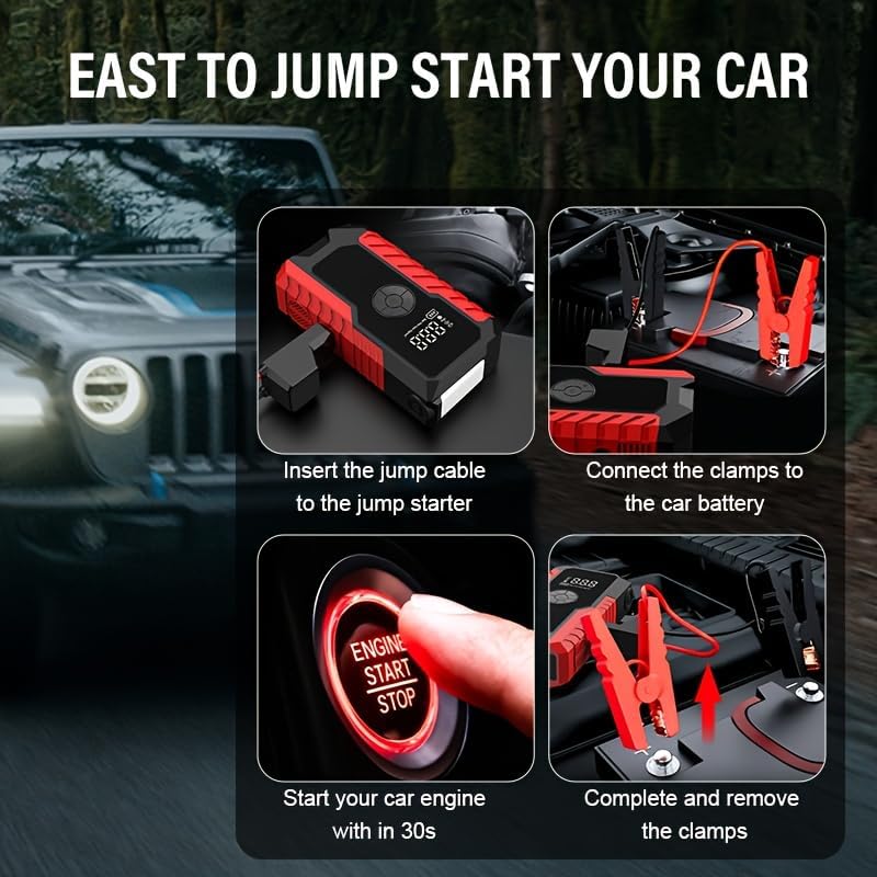 Portable Jump Starter with Air Compressor 5000A,12V Car Charger Jump Starter Power Pack,150 PSI Tire Inflator and Jumper Box for 9.5L Gas/8.0L Diesel,with USB Port and LED (Red-Black)