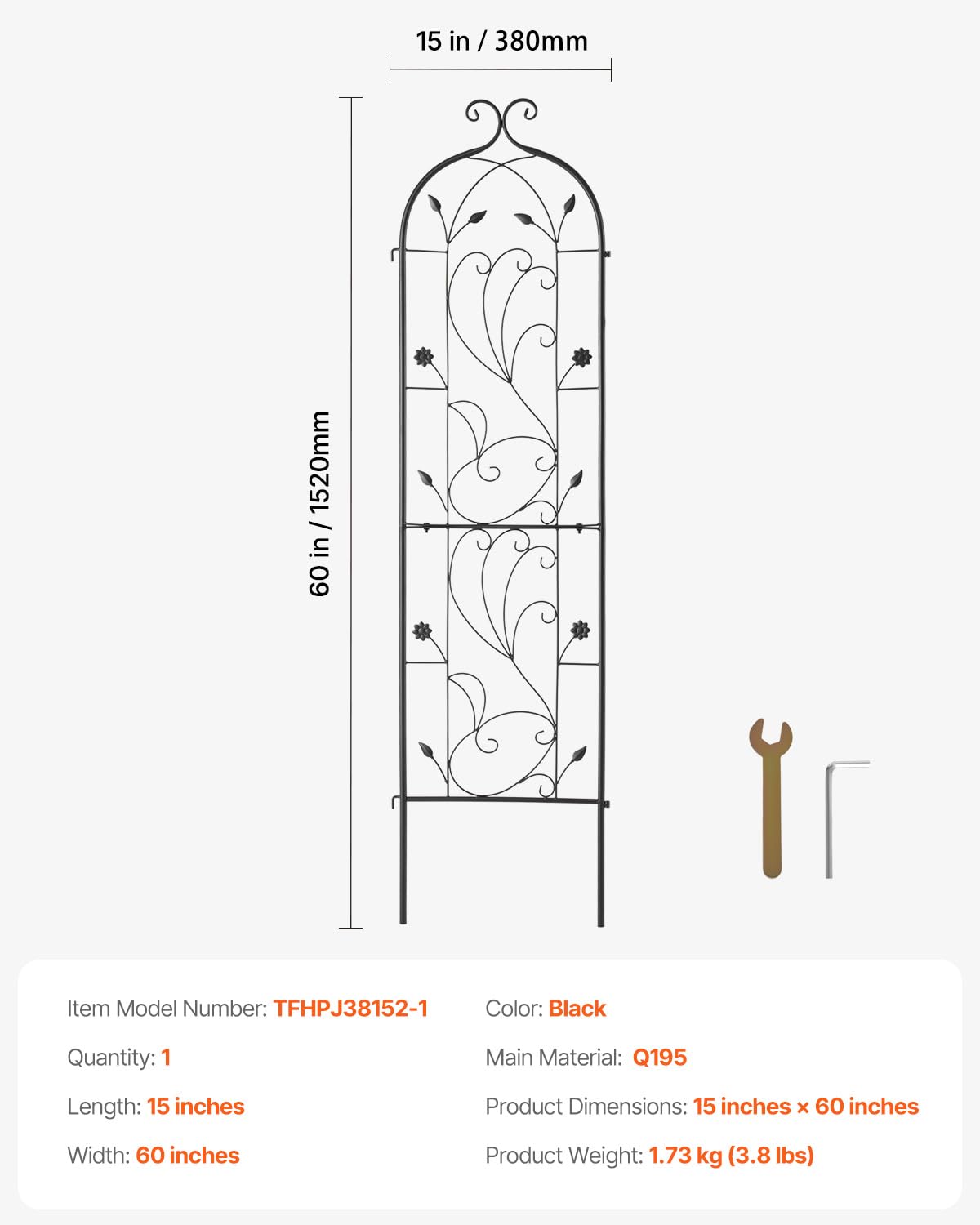 VEVOR Traliccio da Giardino Rampicanti per Piante Fiori in Metallo Antiruggine, Supporto per Traliccio per Rose Rampicanti da Esterno, Traliccio Decorativo per Clematide Alta per Cortili 38 x 152 cm