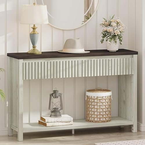 BON AUGURE Mesa de entrada con almacenamiento, mesa consola de 47 pulgadas con 2 cajones, mesas consola de sofá de dos niveles para sala de estar,