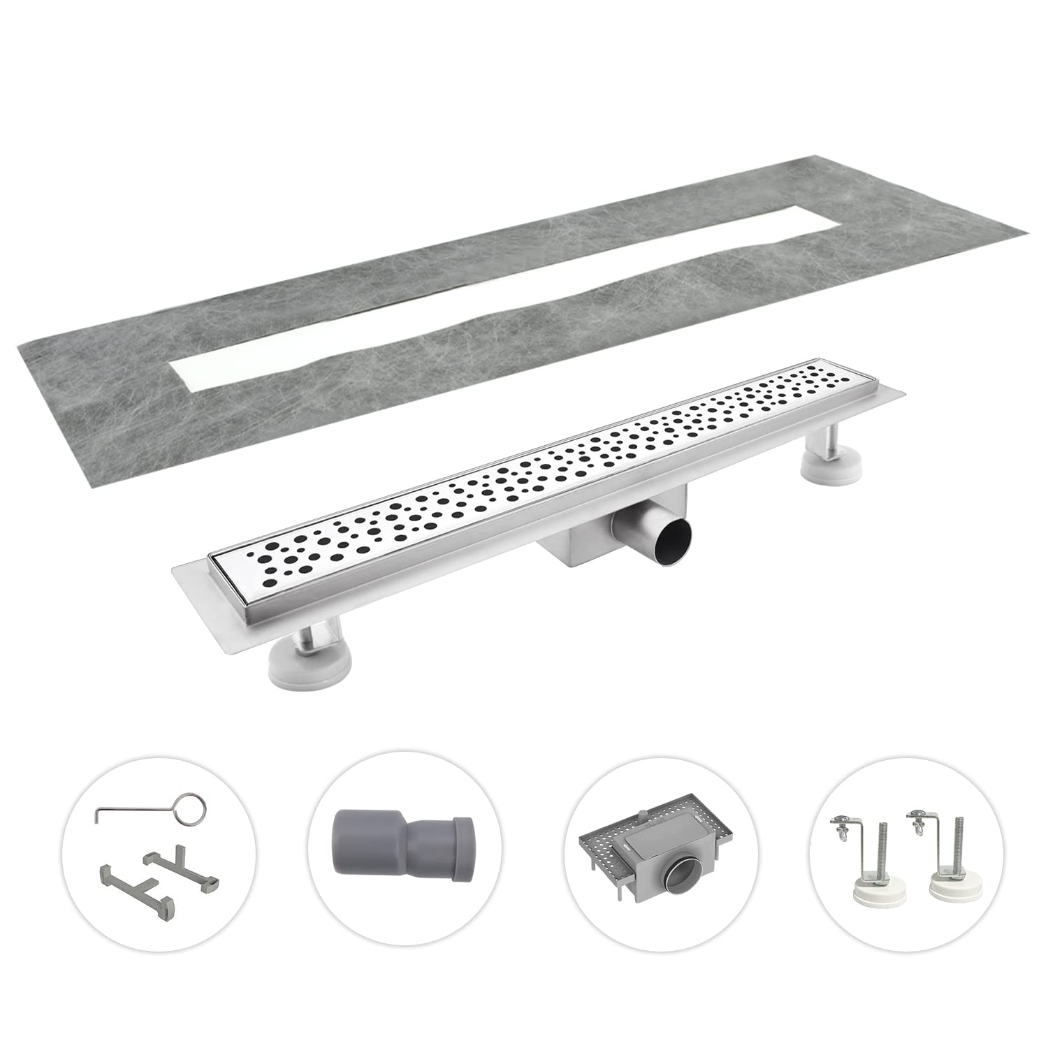 Caniveau Acier Inox 60cm, Drainage Rapide avec Siphon Bloc-odeur et Filtration Cheveux