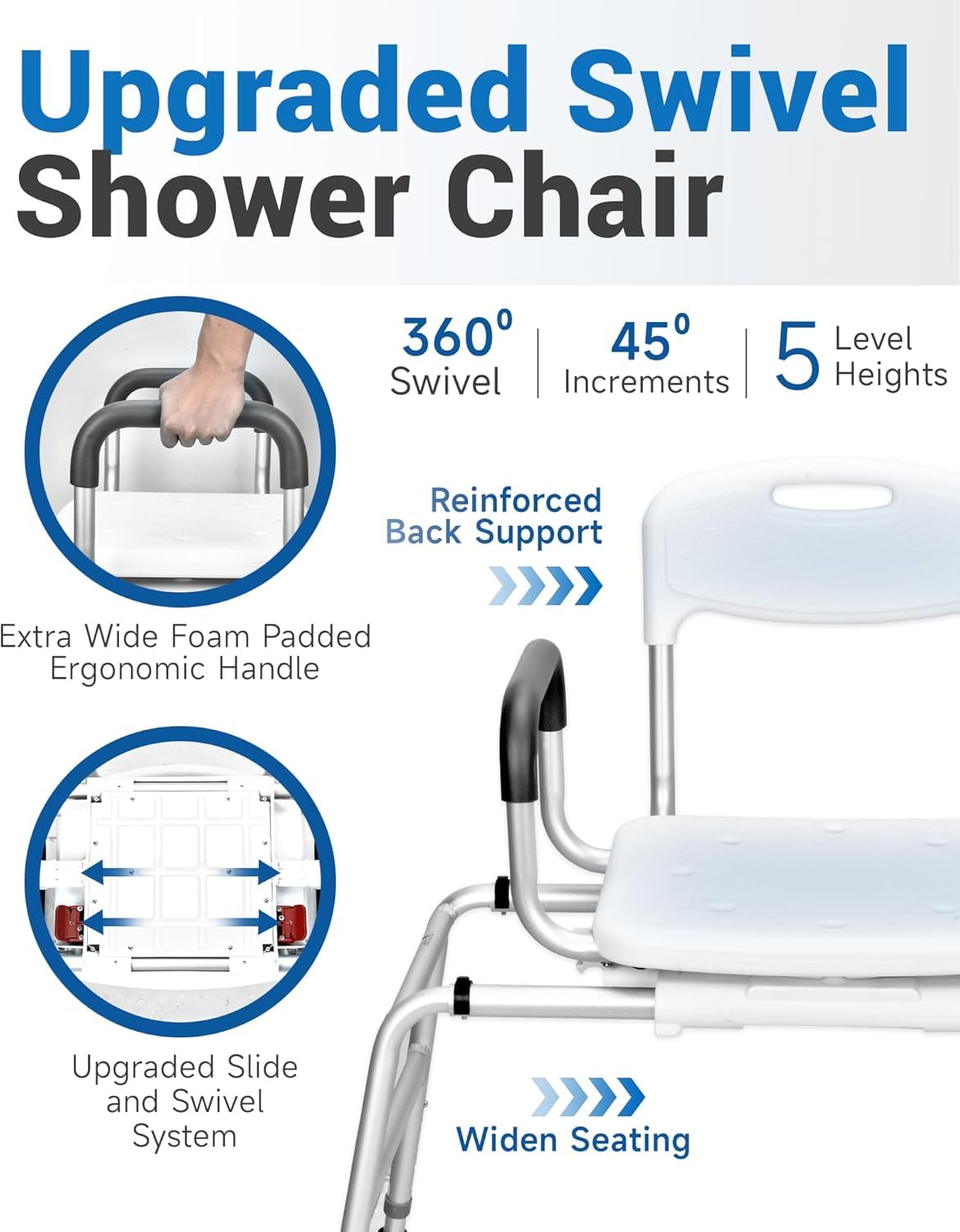 Silla de ducha deslizante giratoria con reposabrazos y respaldo, taburete de baño antideslizante para ancianos, silla de baño segura y cómoda