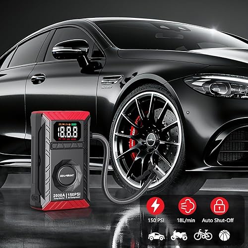 Miniatura 4 de SEAMOUNT Arrancador de 2000 A con compresor de aire, cargador portátil de batería de coche de 12 V y cargador para gas de 6.0 L y diésel de 3.0 L,