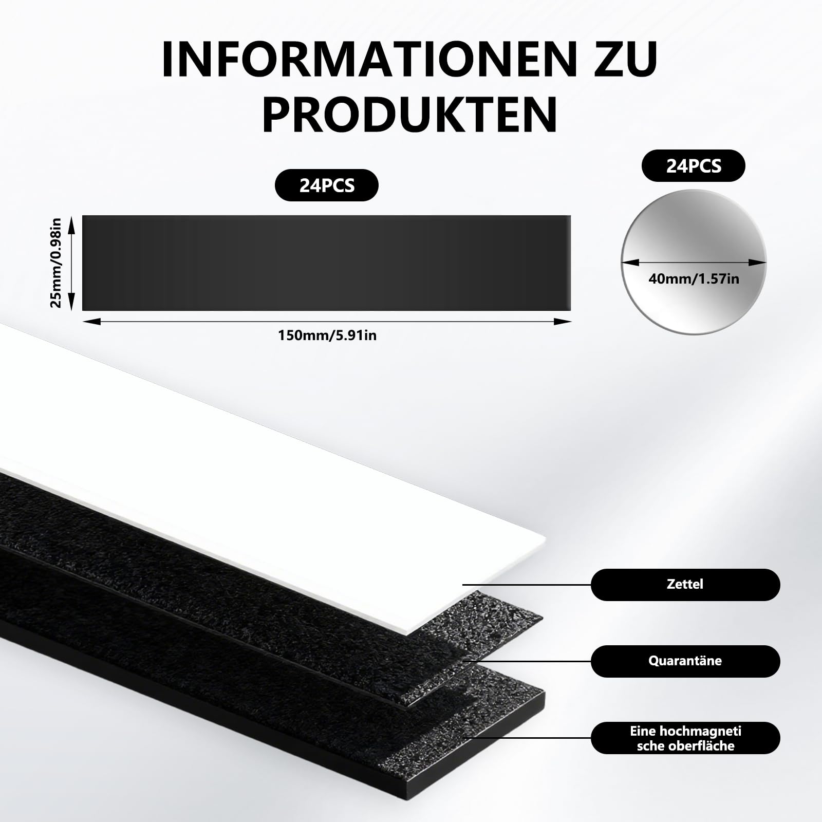24 Stück Magnetstreifen Magnetklebeband Selbstklebend Stark 150x25x2xmm, 24 Stück Metallplättchen Selbstklebend Set 40mm,Zuschneidbar,mit Kleberückseite
