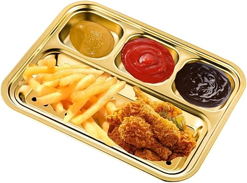 Miniatura 4 de Paquete de 2 bandejas rectangulares divididas de acero inoxidable, 4 secciones, platos dorados para servir platos llanos para adultos, campistas y