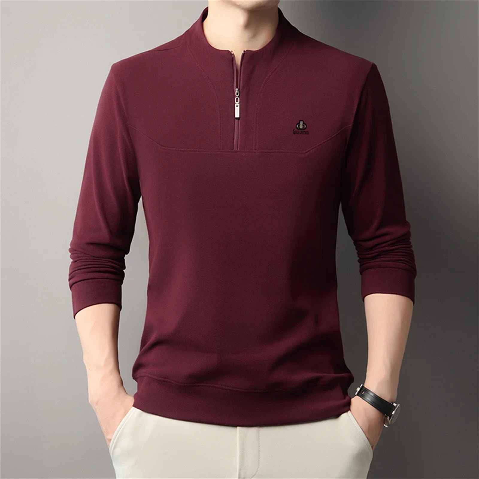 Maglietta da uomo in velluto a maniche lunghe, calda, mezza età, alla moda, con cerniera e scollo rotondo