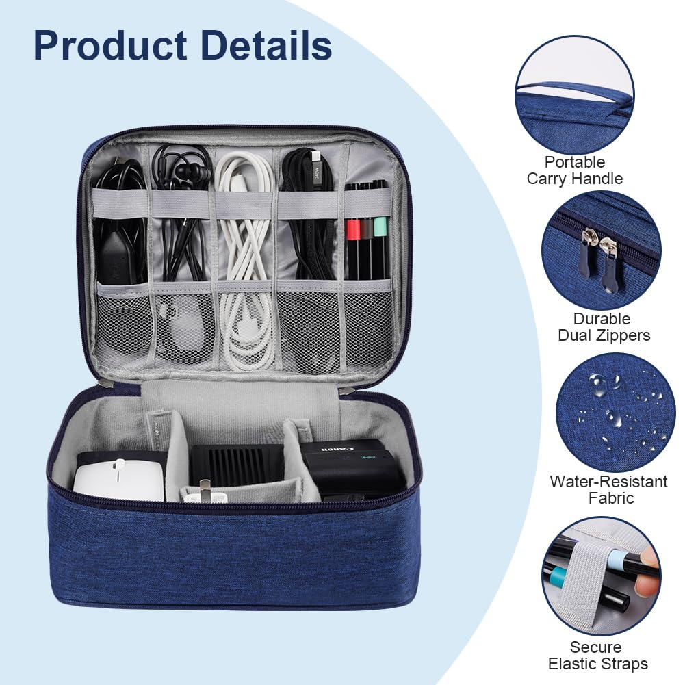OFFCUP Torba na kabel, 24 x 18 x 10 cm, podróżny organizer na kable z 2 przegródkami, wodoszczelny organizer na kable, USB, dyski twarde, karty SD, ładowarkę (niebieska)