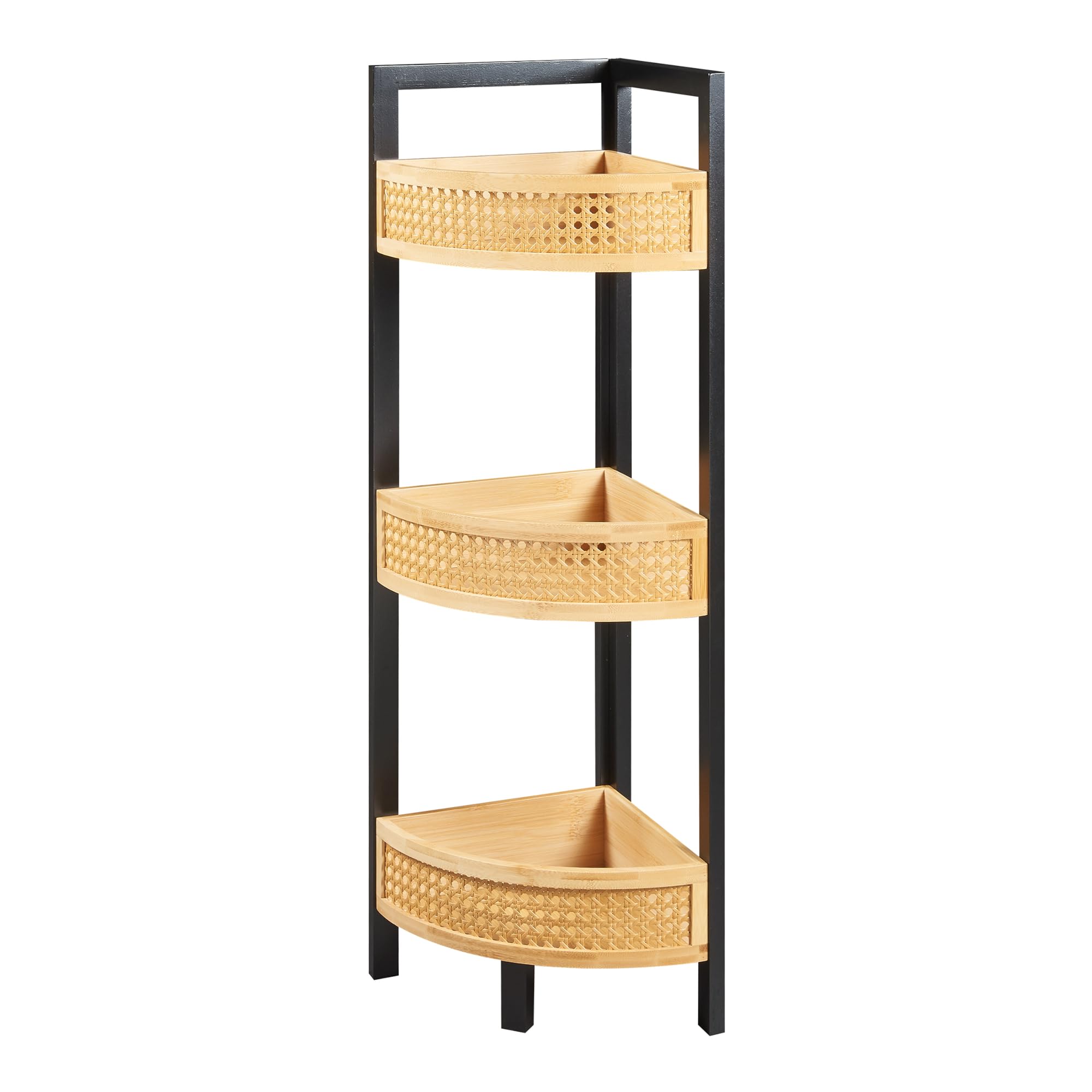 [en.casa] Scaffale Angolare da Terra Mobile Basso a 3 Ripiani in Bambù con Bordi Alti Frontali Decorativi Effetto Rattan Angoliera per Soggiorno Ingresso Bagno Cucina 80x23x23 cm Nero/Naturale