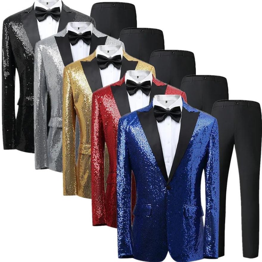 Pohullan Men Two-Piece Suit Sequin Long Sleeve Single Breasted Jacket with Black Pants Wedding Casual Suit Black 4XL2
