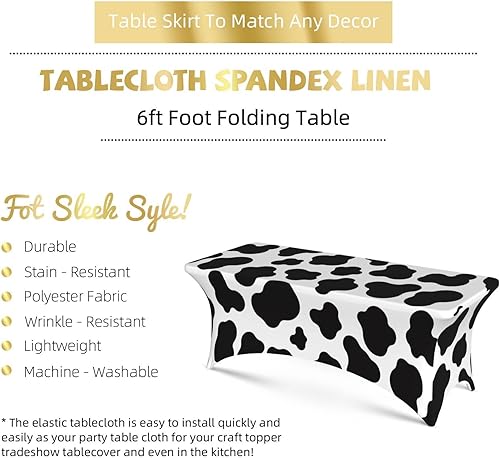 Miniatura 3 de Mantel rectangular ajustable de elastano elástico para mesa con estampado de vaca de 6 pies, protector de mesa para fiestas, eventos, banquetes,