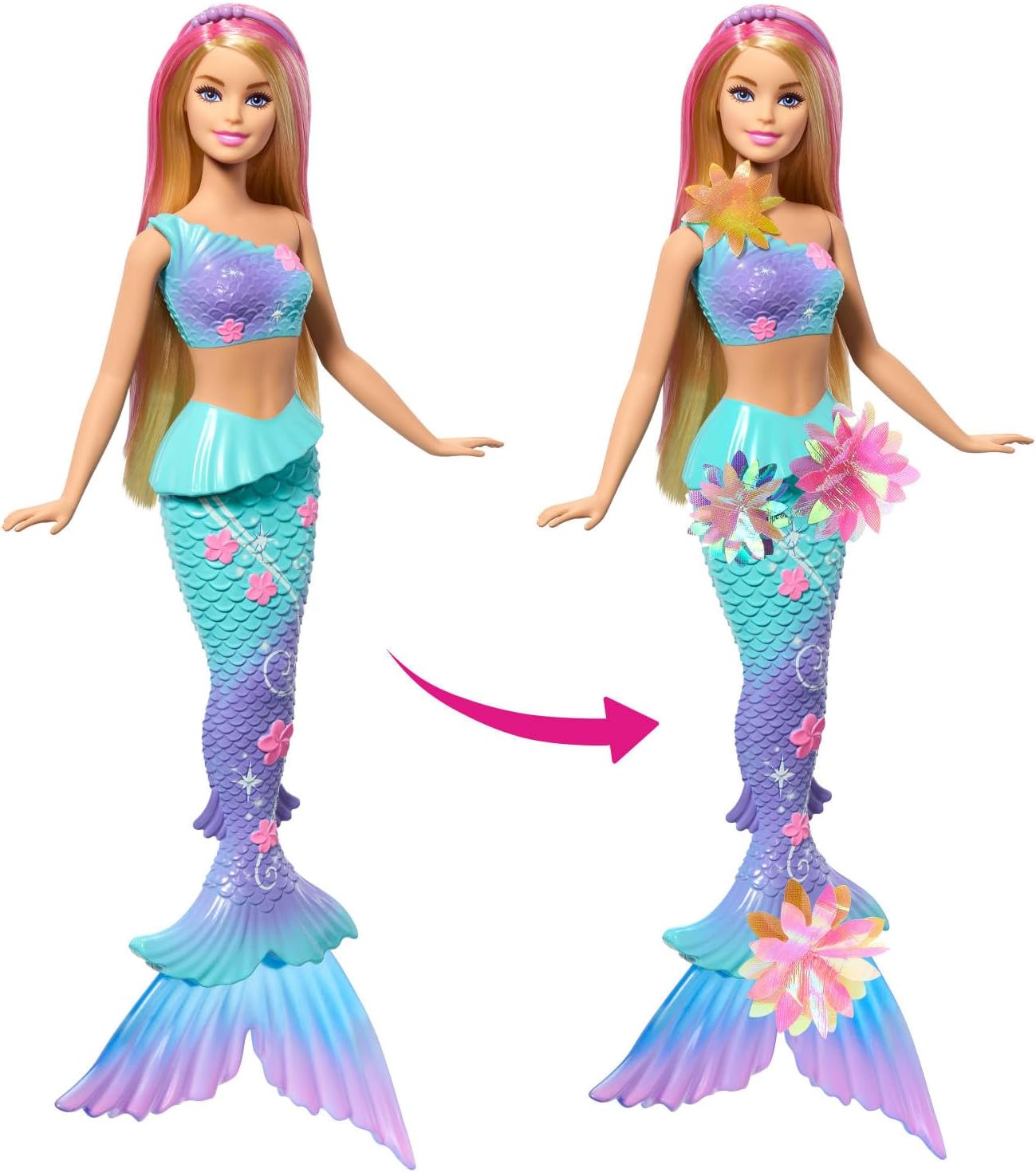 Barbie Mermaid Toy Dolls with Surprise Magic Blooming Flowers Feature, Ombre Tails, Pearl Headband Accessory & Long Blonde Hair with Pink Highlights