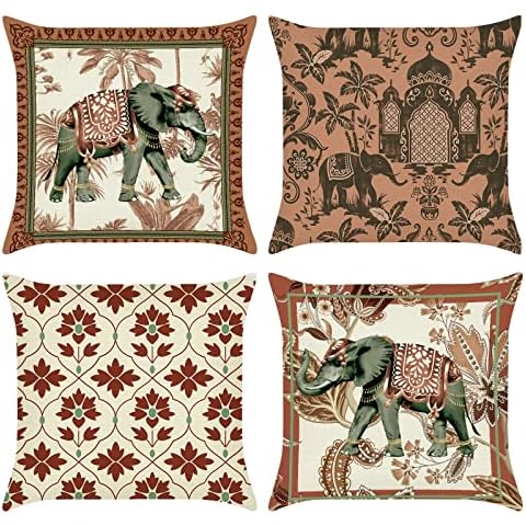 Bonhause Fundas de Cojín Elefante Vintage 45x45cm Juego de 4 Cover
